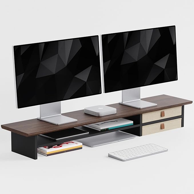 FENSULN Dual‑Tier Monitor Stand Riser with Drawers, Desktop Organizer Shelf Storage for Computer Screen 2 Monitors, Supports for PC Computer Monitor, Printer, Heavy TV Riser Brown and Black