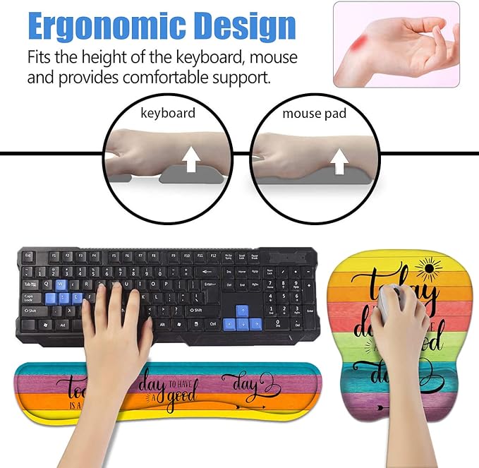 Mouse Pad Wrist Support and Keyboard Wrist Rest Set with Coasters, Today is a Good Day to Have a Good Day Inspirational Quote with Non-Slip PU Base Ergonomic Mousepad for Computer Laptop Home Office