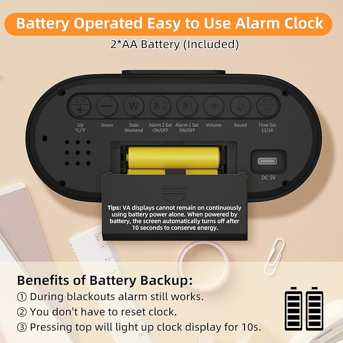 DOOMAY Digital Alarm Clock for Bedroom: Dual Alarm Bedside Clock VA LCD Display with Seconds, 9-Minute Snooze and Weekend Mode, 3 Brightness, 4 Alarms and 3 Volume Levels，Type C & Battery Included