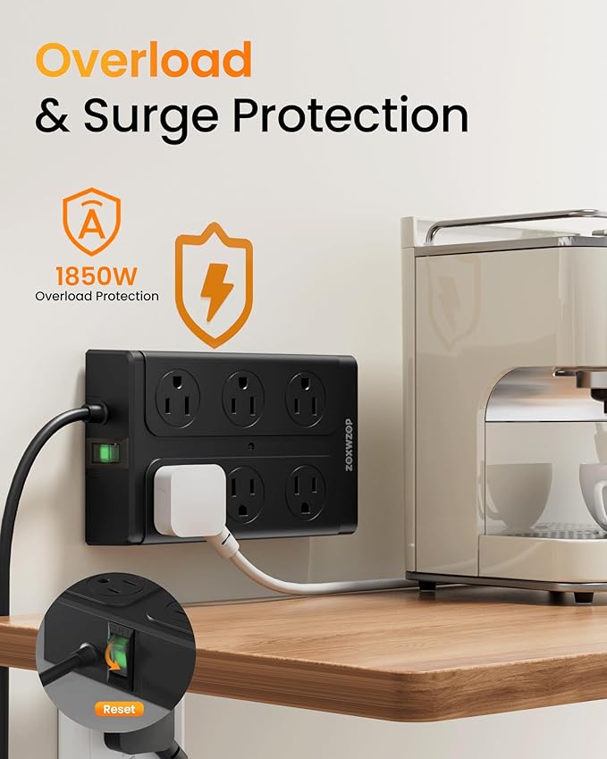 Zoxwzop Surge Protector Power Strip – 10FT Extension Cord with 12-Outlet 4 USB-A & 2 USB-C Ports, 1850W/15A, Flat Plug, Wall Mountable – ETL Listed for Home, Dorm Room