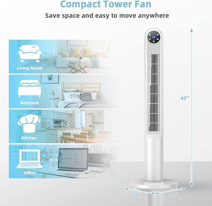 GOFLAME Tower Fan with Remote Control, 42" 80° Oscillating Quiet Cooling Fan with 3 Wind Modes, LED Control Panel and 12H Timer, Portable Bladeless Standing Fan for Bedroom Living Room Office (White)