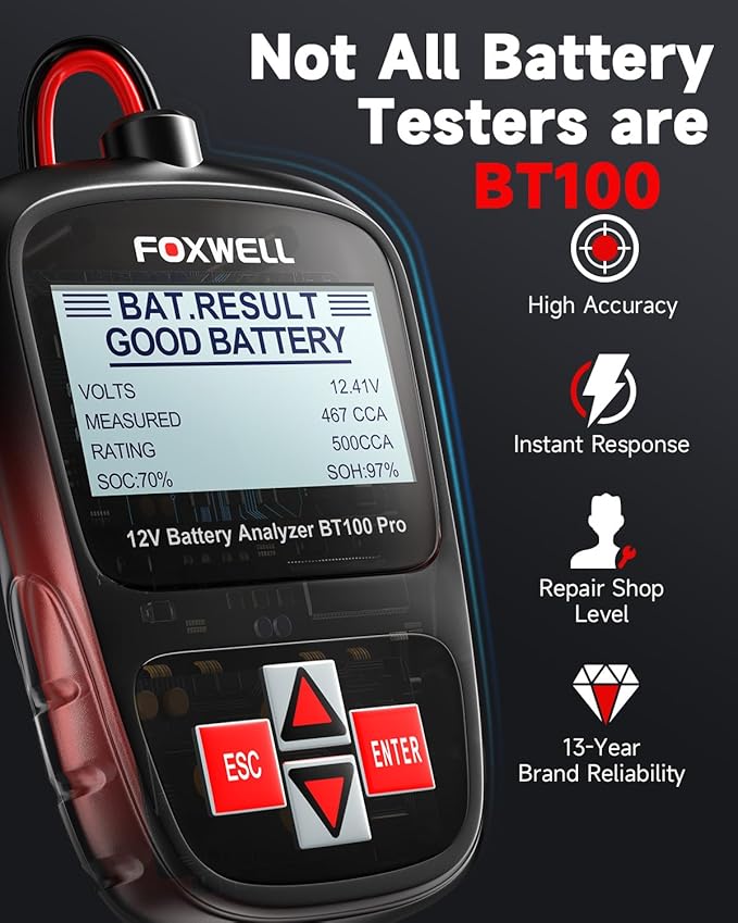 FOXWELL BT100 Pro Car Battery Tester, 12V Battery Load Tester, 100-1100CCA Automotive Alternator Tester Digital Auto Battery Analyzer for Car Truck Motorcycle SUV, Boat, RV, Marine & Pickup