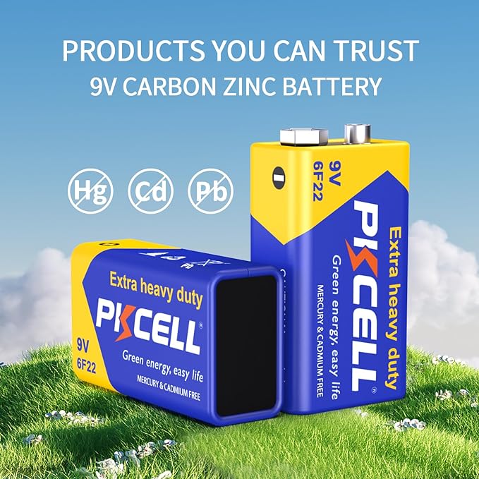 PKCELL 9V Batteries, 16 Pack 9 Volt Batteries Carbon Zinc, 9V Battery for Smoke Detector, Alarms, 6F22 Square Battery