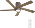 WINGBO 48 Inch Flush Mount DC Ceiling Fan with Lights and Remote, 5 Reversible Carved Wood Blades, 6-Speed Noiseless DC Motor, Hugger Ceiling Fan in Graphite Finish with Gray Blades, ETL Listed