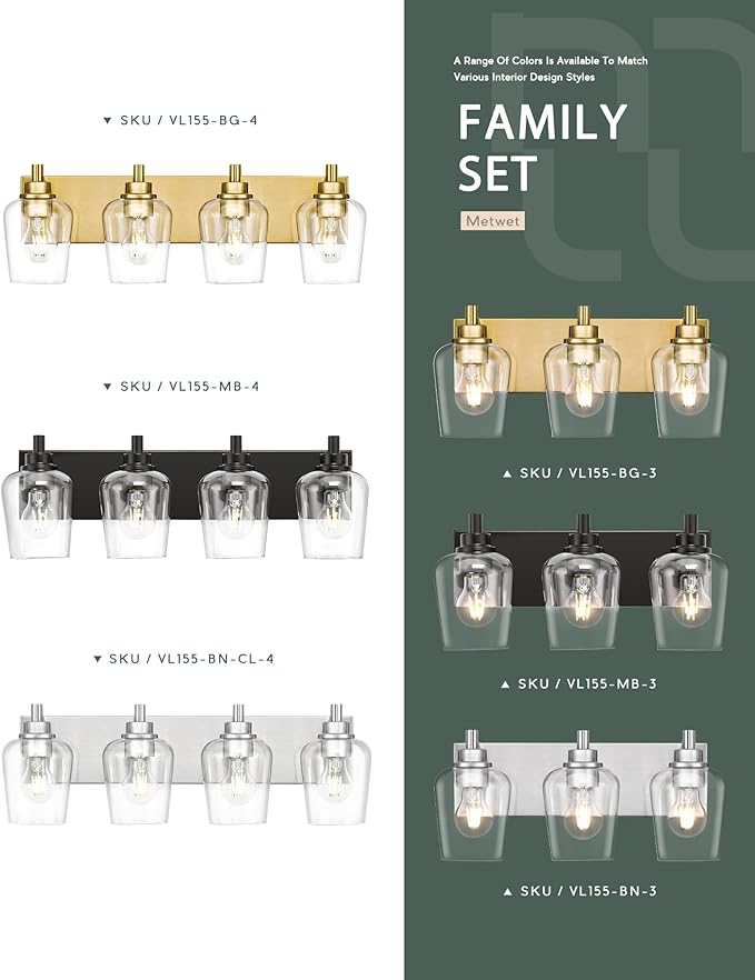 METWET Bathroom Light Fixtures, 4-Light Modern Vanity Light with Clear Glass Wine Glass-Shaped Shade, Vanity Lighting Fixtures Over Mirror, Brushed Gold, VL155-BG-4