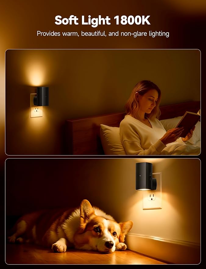 Brightown 2 Pack Black White Night Lights Plug into Wall, Modern Night Light with Rotating Plug, Dusk to Dawn Sensor, 0-100LM Stepless Dimming Aora Night Light for Hallway Bedroom Bathroom,Amber