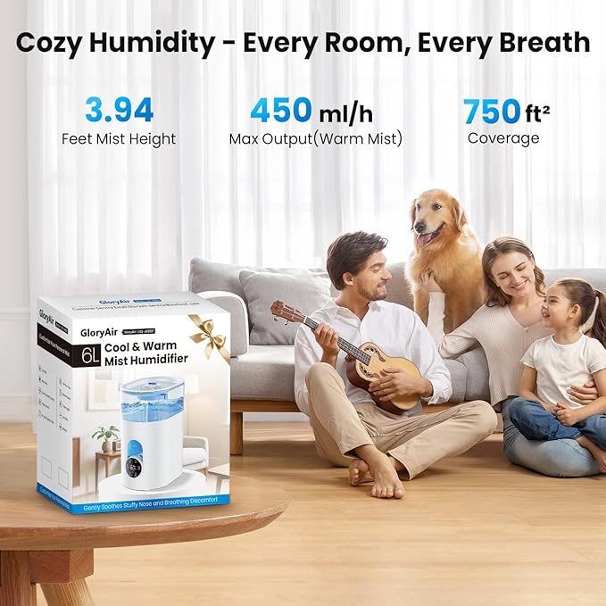 Humidifiers for Bedroom Large Room Home - GloryAir 6L Quiet Top Fill Cool & Warm Mist Humidifier with Smart Humidity Control, Remote Control, 7-Color Light, Humidistat, Oil Diffuser for Plants & Baby