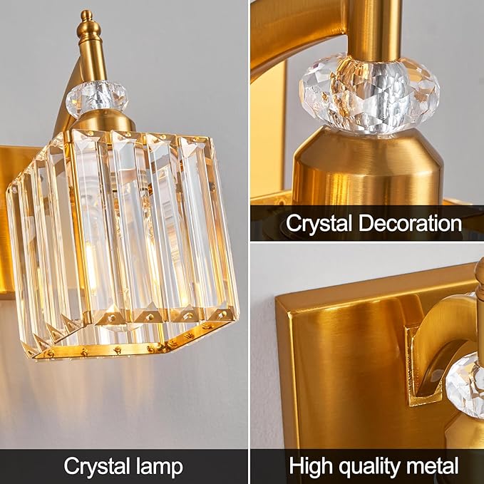 BBLLWJ Modern Bathroom Vanity Light 2-Light Gold Crystal Light Fixtures Over Mirror for Bathroom Wall Sconce