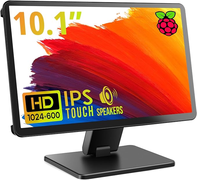 Touch Screen Monitor with Case,ROADOM 10.1’’ Raspberry Pi Screen, IPS FHD 1024×600,Responsive and Smooth Touch,Dual Built-in Speakers,HDMI Input,Compatible with Raspberry Pi 5/4/3/Zero,Versatile Stand