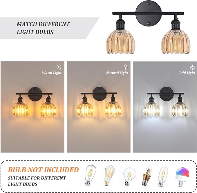 Shenmoyl Bathroom Light Fixtures, 2-Light Black Vanity Wall Light Over Mirror with Amber Tulip Glass Shade for Bedroom Living Room (Bulb Not Included)
