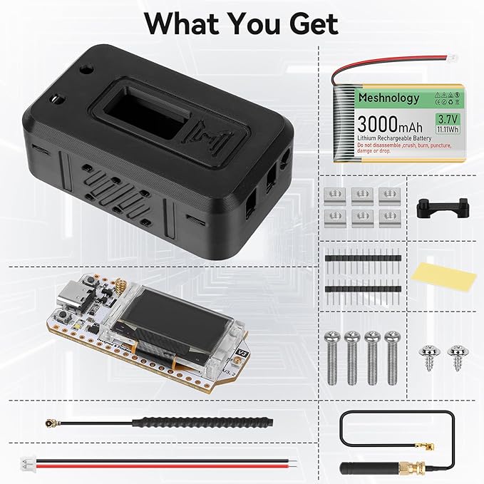 Meshnology 1 Set ESP32 LoRa V3 Module Board with 915 MHz Antenna + 3000mAh Battery + Protect Case - WiFi Blue Tooth SX1262 CP 2102 0.96” OLED Display Type C for Ar duino Meshtastic IOT (N35, Black)