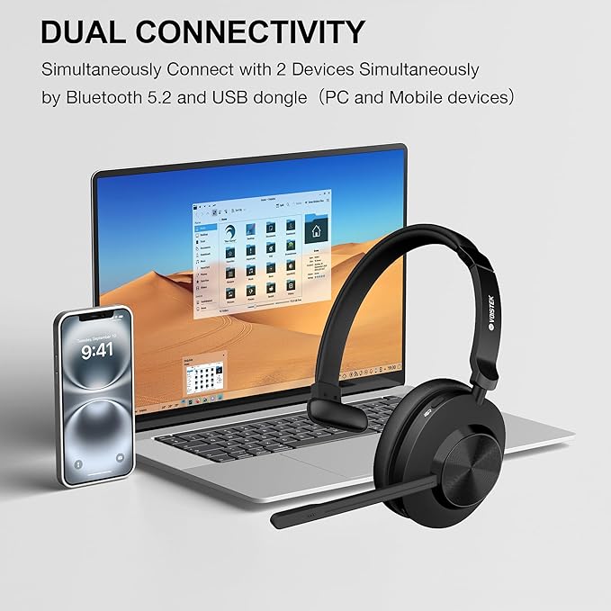 Wireless Headset with Mic for Work, Bluetooth Wireless Headphones with Microphone Noise Cancelling, Mute & USB Dongle for PC Computer Laptop Cell Phones Remote Work Home Office Call Center Zoom Skype