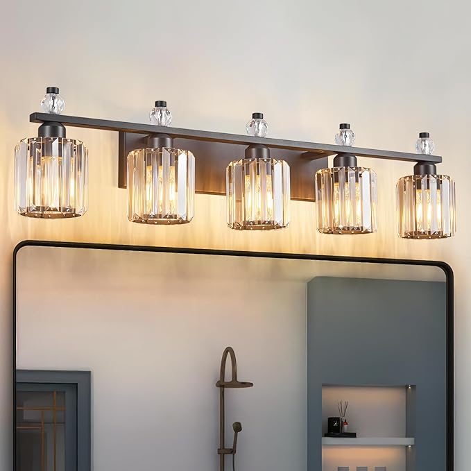 FDPBY Bathroom Vanity Lights 5-Light Sand Black Modern Crystal Vanity Light Fixtures Over Mirror Crystal Bathroom Vanity Lighting Fixtures