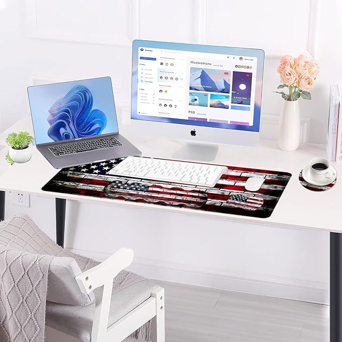 BFUKVOU Large Keyboard Mouse Pad Set, Extended Mouse Pad+Keyboard Wrist Rest Support, Memory Foam Ergonomic Easy Typing, 4Pcs (31.5×11.8 in) Desk Pad Set for Office Home,American Flag on Brick Wall