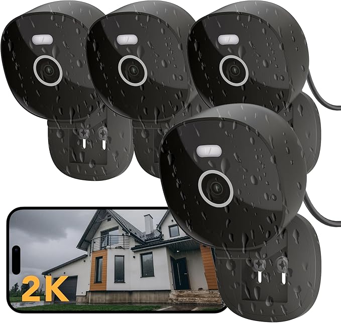 FAMVIVA 2K Security Camera, Outdoor/Indoor for Home, Pet, Baby, Nanny, IP65 Waterproof Color Night Vision, White Light & Siren, Recording, Motion Detection, Compatible with Alexa,Black-4P