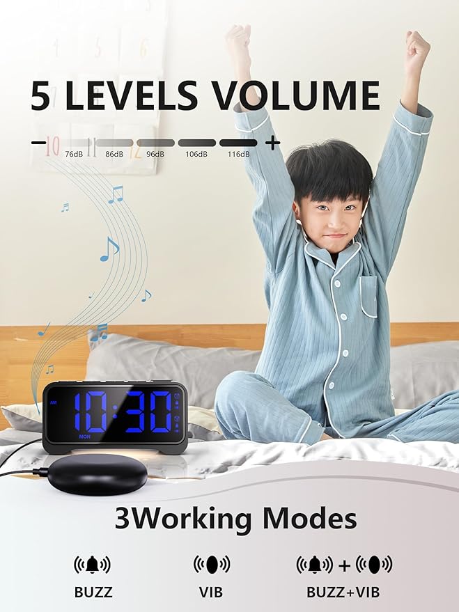 Mesqool Extra-Loud Alarm Clock with Bed Shaker for Heavy Sleepers, Vibrating & Buzzer Modes, Dual Alarms, USB Charging, Snooze & Battery Backup for Adults, Teens, Seniors