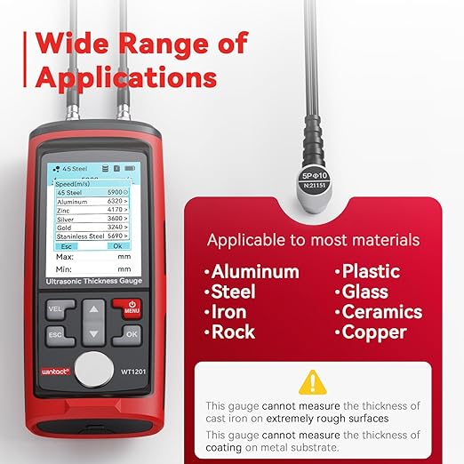 Wintact Digital Ultrasonic Thickness Gauge, Range 0.039 to 11.81 in with Probe for Measuring Metal and Nonmetal Materials, Steel, Cylinder Wall, Plastic, Glass, PVC, Pipes (WT1201)