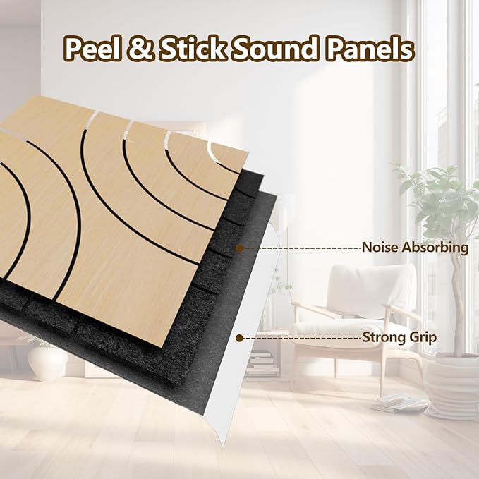 ARMURO 4 Packs Acoustic Wall Panels - Self-Adhesive 3D Wood Slat Wall Panel- Peel and Stick Sound Absorbing Panels for Noise Reducing - Feature Wall Decor for Home & Office