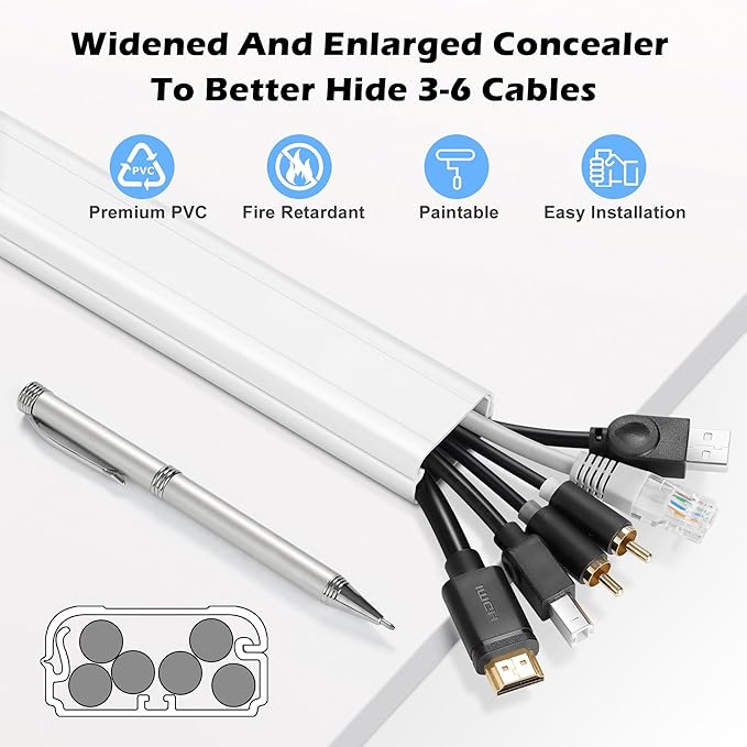 TV Cord Hider - 39in(3xL13in) Cord Covers for Wall Mounted TV Cable Hider Wall Kit | Wire Hiders for TV on Wall, Wire Covers for Cords, Cable Concealer Hide Cords, 1.5" W x 0.75" H, White