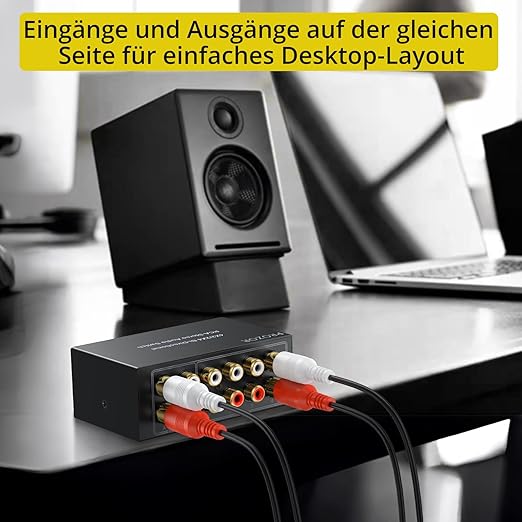 PROZOR 4-Way Stereo L/R Sound Channel Bi-Directional Audio Switcher, 2 in 4 Out or 4 in 2 Out Audio Switch Splitter with Off Button and No External Power Required for DVD Stereo Speaker CD Player