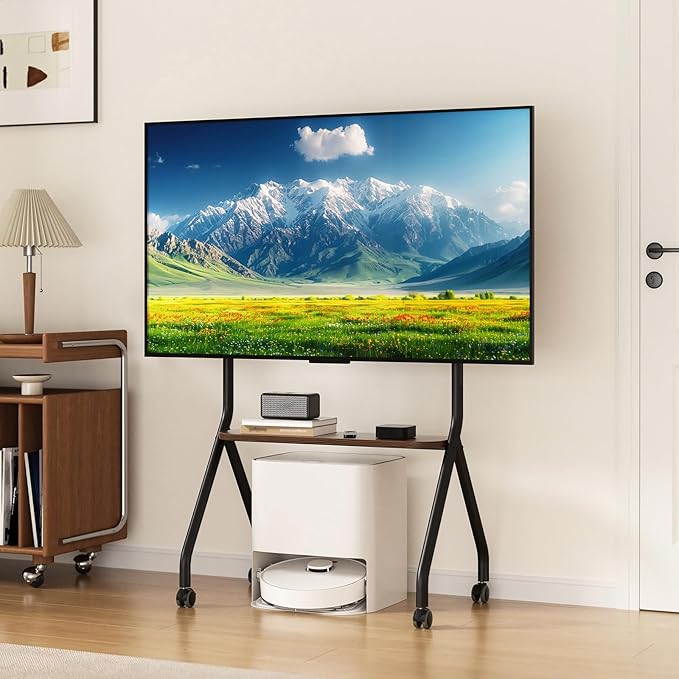 CVDF Rolling TV Stand for 49-75 Inch LCD LED OLED Flat/Curved Panel Screen TVs, Mobile TV Stand with Wheels, Height Adjustable TV Floor Stand, Holds up to 110 Lbs, Max VESA 600 x 600 mm, Black