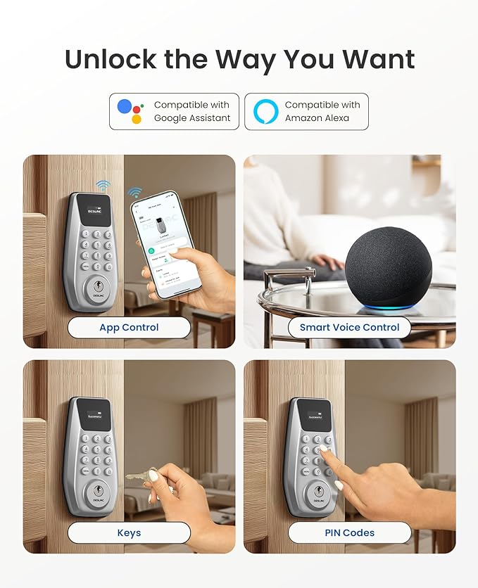 DESLOC C100 Plus Built-in WiFi Smart Lock, Keyless Entry Door Lock with Display, Keypad Deadbolt for Front Door, App Remote Control, Anti-Peeping Password, BHMA Grade 3, Silver