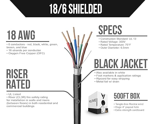 Voltive 18/6 Shielded Low Voltage Wire, Riser CL3R, Black, 500ft - 18AWG, 6 Conductors, Overall Shield, Stranded Bare Copper, UL Listed - V-1256-2