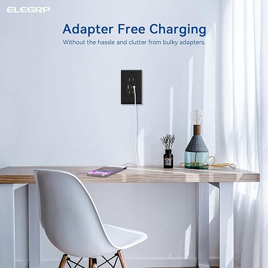 ELEGRP USB Outlets, 15 Amp Wall Outlet with 3 USB Ports, Dual USB C Ports Outlets, TR Tamper-Resistant USB Outlets Receptacles, Wall Plate Included, UL/CUL Listed, 1 Pack, Black
