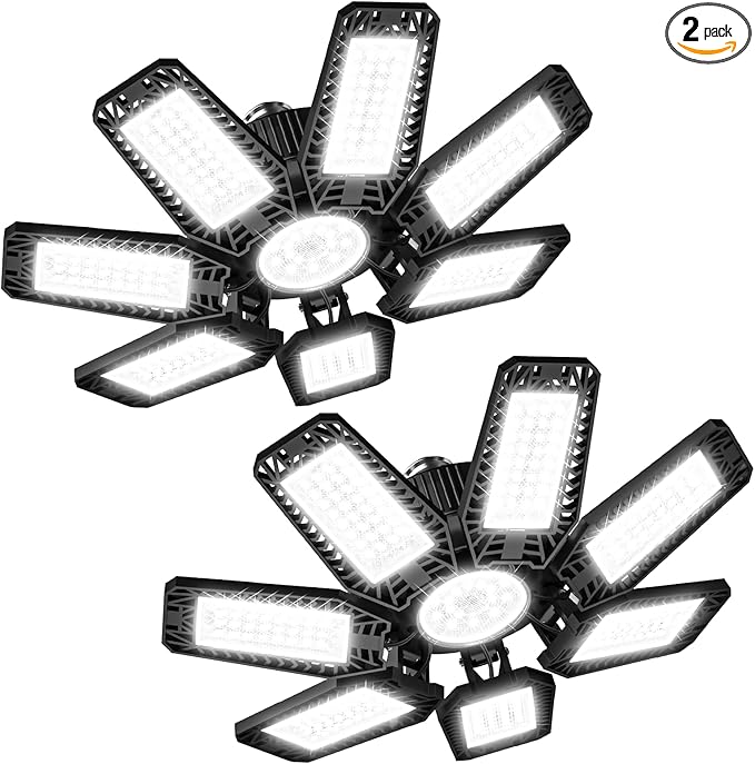 CHENGCHILIT LED Garage Light 2 Pack - 200W 20000LM 6500K LED Garage Ceiling Lights with 7+1 Adjustable Panels, Shop Lights Screw in E26 E27 Bulb Socket for Workshop, Storage Room, Basement, Warehouse