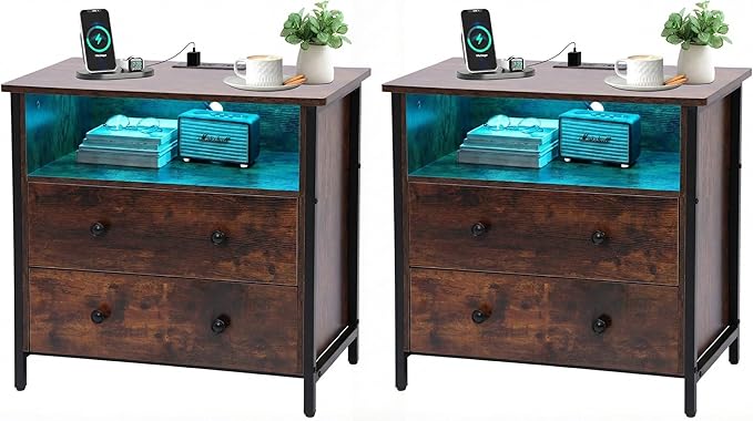 Tykacna 27 Inch Wide Night Stand, Large Wood Night Stand Set 2 with 2 Drawers, LED Nightstand with Charging Station and Adjustable Drawer, Bedside Table for Living Room/Bedroom/Study/Office, Retro.