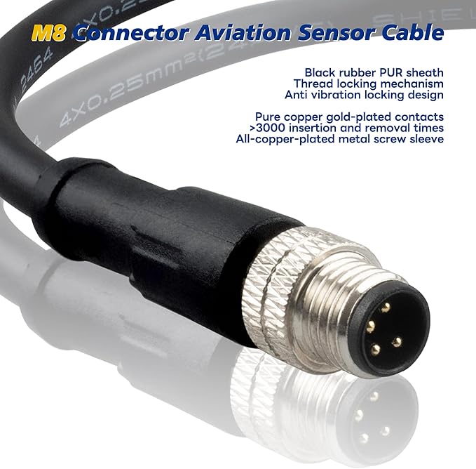 Lonlonty M8 4 Pin Male Socket Panel Aviation Wire,8mm Industrial Circular Sensor Connector Cable Shielded,Outdoor Waterproof IP67 A Coding 6.5Ft/2M