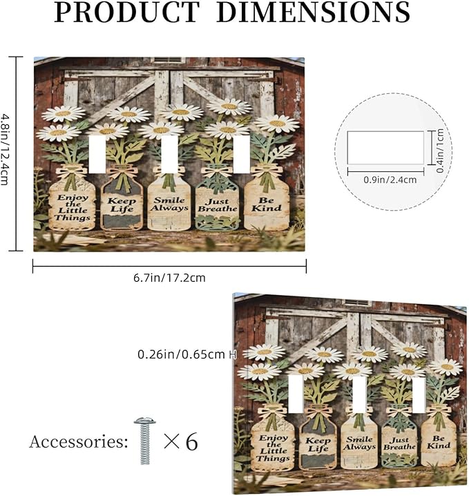 Bvtewkhz Rustic Daisy Barn Door Flowers 3 Gang Triple Toggle Decorative Light Switch Covers Electrical Faceplate Switch Plates for Bathroom Kitchen Home