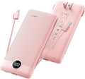 Coowisty Portable Charger Built-in Cables and Wall Plug, 10000mAh Slim USB C Power Bank, LED Display External Battery Pack Compatible with iPhone/Android & More (Pink)