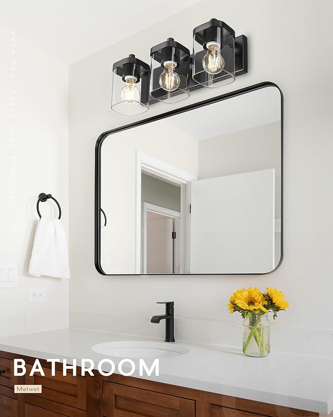 METWET Bathroom Light Fixtures Over Mirror, 3-Light Matte Black Vanity Light with Square Clear Glass Shade, Modern Wall Sconces, Vanity Lighting Fixtures, VL194-MB-3