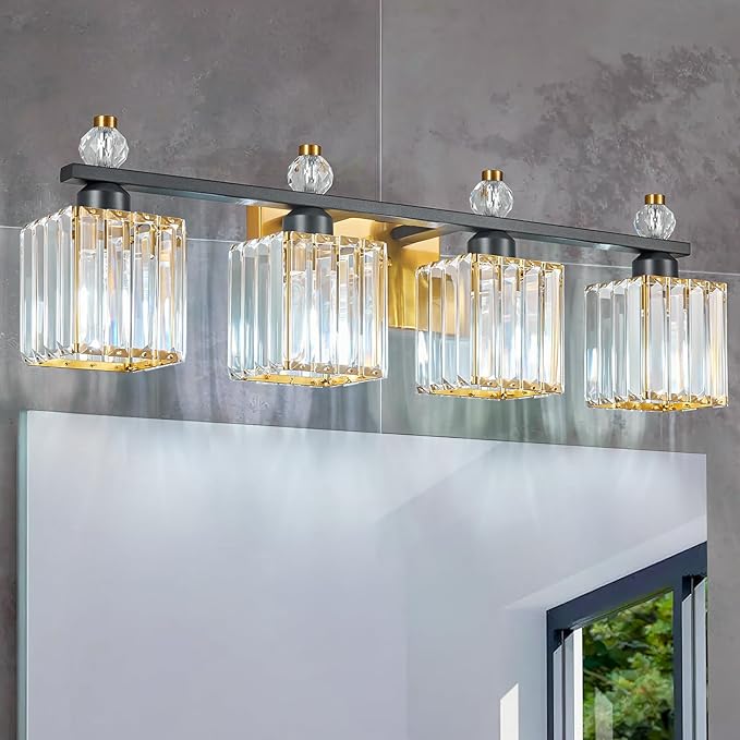 FDPBY Vanity Lights 4-Light Modern Crystal Vanity Light Black Gold Bathroom Light Fixtures Over Mirror Crystal Bathroom Vanity Lighting Fixtures