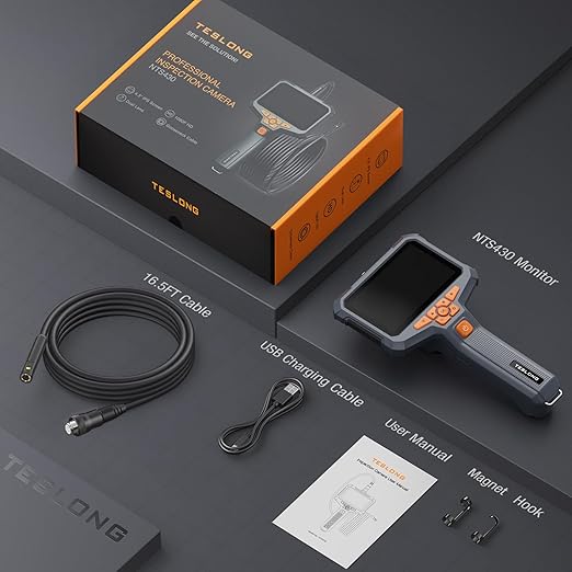 Dual Lens Endoscope Camera with Light, Teslong 4.3" HD Snake Borescope Inspection Camera, Automotive Scope Cam with Flexible Cable, Home Waterproof Fiber Optic for Sewer Drain Pipe (16.5FT)