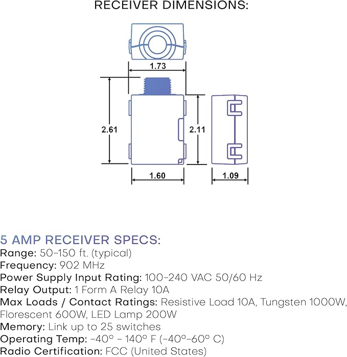 RunLessWire 5 Amp On/Off Receiver Add-On RF Relay Compatible with Self-Powered Kinetic Wireless Light Switches to Control Electrical Circuit Remotely Easy DIY Install 100-240VAC, Indoor Use
