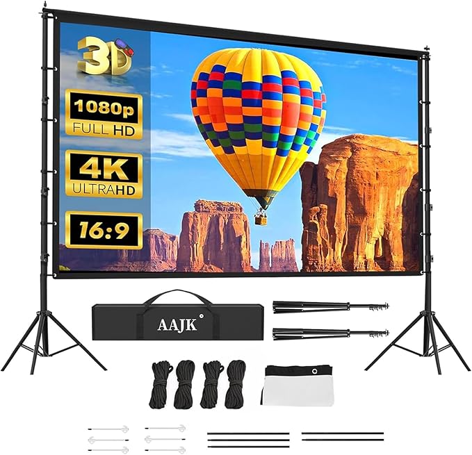 AAJK 150in Projector Screen with Stand, Portable 16:9 4K HD Indoor Outdoor Projection Screen with Wrinkle-Free Design, Ideal for Home Theater and Backyard Cinema – Includes Carry Bag