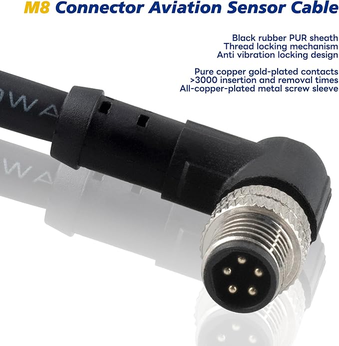 M8 Aviation Sensor Cable 5 Pin，Lonlonty M8 Industrial Sensor Connector Shielded Cable,Field Assembly M8 Connector B Coding Shielded Cable 6.5Ft/2M (5-Pin,Right Angle,Male)