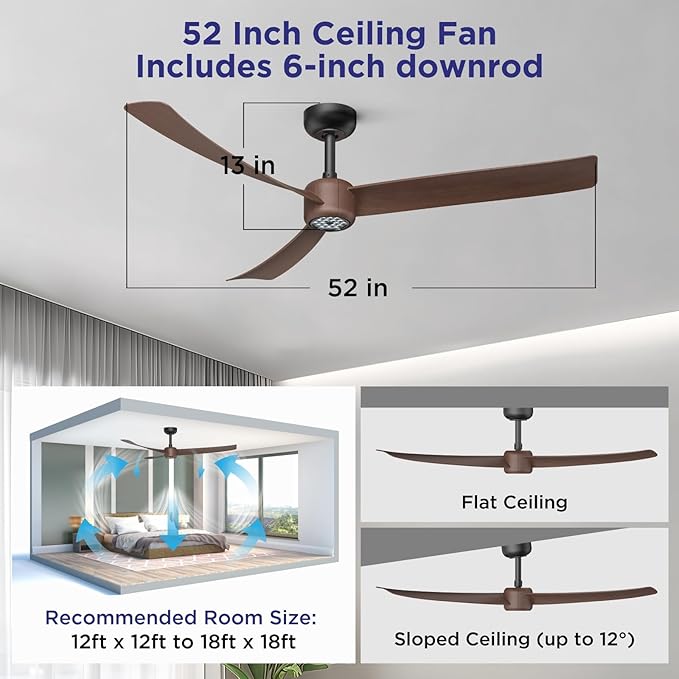 ocioc Ceiling Fans with Lights and Remote, 52 Inch Modern Ceiling Fan with Quiet Reversible DC Motor,Dimmable LED,6 Speeds,Timer, Ceiling Fan for Bedroom,Dining Room(Dark Walnut Finish)