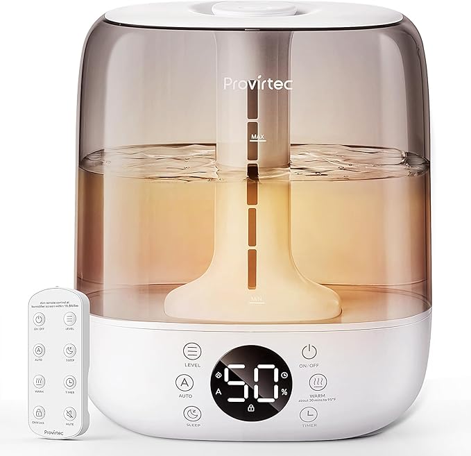 Provirtec 6L Self-Cleaning Humidifier for Large Room, CleanCare Warm & Cool Mist, No-Leak Design & Top Fill, 60 Hour Runtime, Quiet Ultrasonic Auto Mode with Remote Control for Bedroom & Home