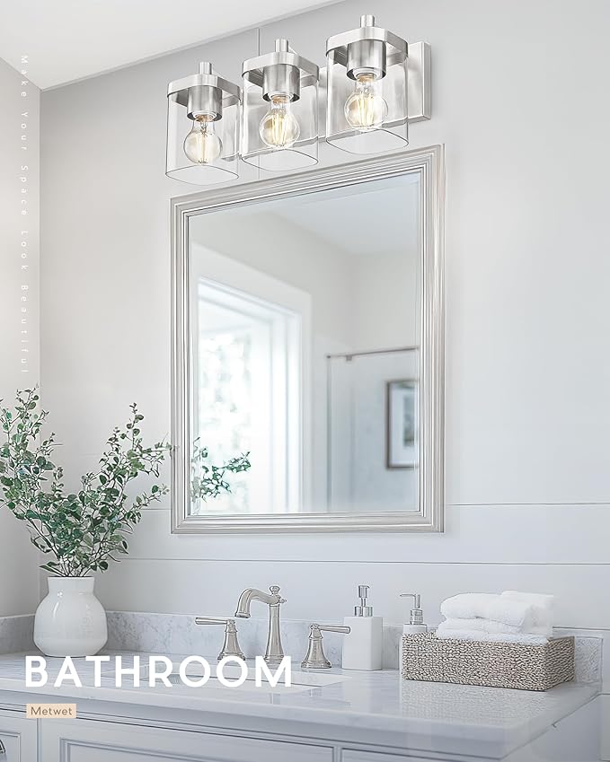 METWET Bathroom Light Fixtures, 3-Light Vanity Light with Square Clear Glass Shade, Brushed Nickel Modern Wall Sconces, Vanity Lighting Fixtures Over Mirror, VL194-BN-3