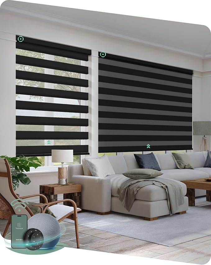 Yoolax Motorized Zebra Blinds Works with Alexa, Motorized Blinds with Remote Custom Size, Privacy Electric Zebra Shades for Windows (95% Shading Luxury Black)