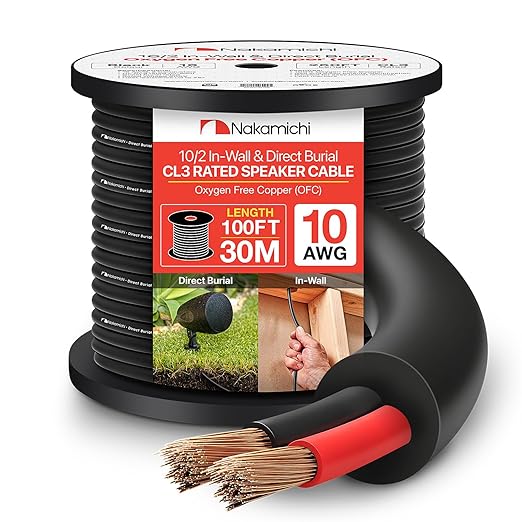 Nakamichi 10/2 (100-Foot) in-Wall & Direct Burial (UL CL2 CL3 Rated) Oxygen-Free Copper (OFC) 2-Conductor Speaker Cable Wire, Outdoor In-Ground, in-Ceiling, Riser, Black (10AWG / 100ft / 30.48m)