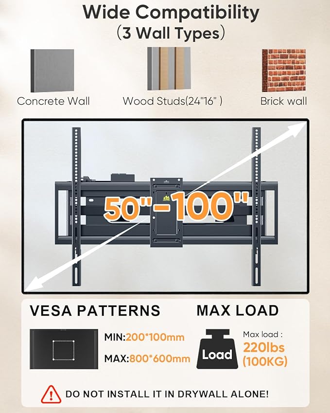 FORGING MOUNT Heavy Duty 98 100 inch TV Wall Mount with Power Strip for 50–100 Inch Large TVs up to 220 lbs,Full Motion TV Mount Bracket Smooth Swivel,Tilt,Extends,VESA 800x600mm,16”-24” Wood Studs