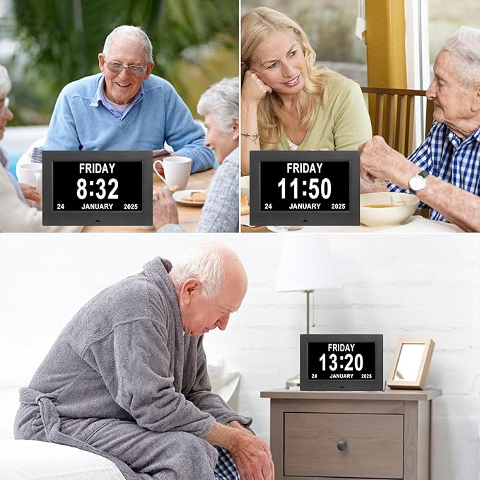 Irednolw Black Clock with Day and Date for Elderly Dementia Patients-Large Number Digital Clocks for Seniors-Digital Calendar Day Clock for Seniors Large with 12 Alarms, Auto Dimming
