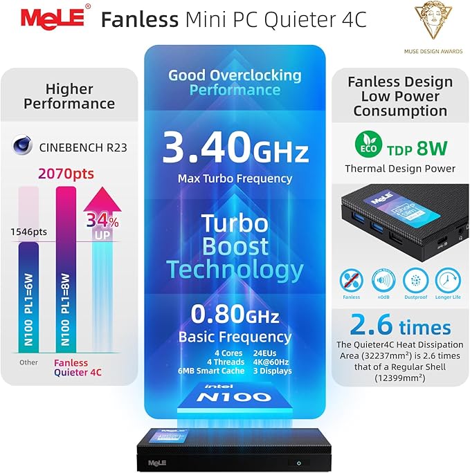 MeLE Mini PC Quieter 4C - 12th Gen N100, Fanless PC, 8GB Memory, 128GB Storage, 2.4/5G Wi-Fi, Full-Functional USB-C, 4K Triple Display Desktop on Home, Office, Education, Astrophotography