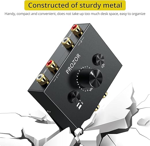 PROZOR RCA Stereo Audio Switcher - 2 in 1 Out R/L Stereo Audio Switch, 1 in 2 Out Stereo Audio Splitter with Mute Button and No External Power Required