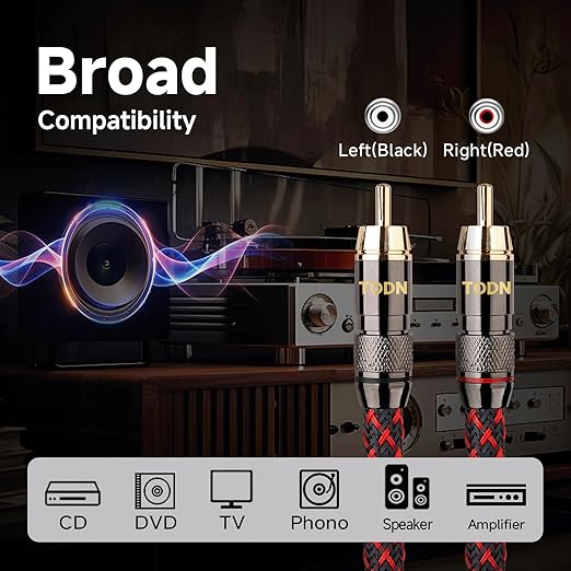 TODN RCA Cables for Audiophile 3ft HiFi Stereo Shielded RCA to RCA Audio Cable for Car, Subwoofer, 4-Core OFC, 5μ Gold Plated Plug (3 foot/1m, 1 Pair)