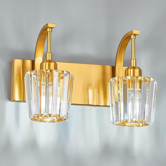 FDPBY Modern Bathroom Vanity Light, 2-Light Gold Wall Sconce with Crystal Accents, Over Mirror Bathroom Lighting Fixture, 13.77" Long Dimmable Vanity Lamp for Makeup, Easy Installation